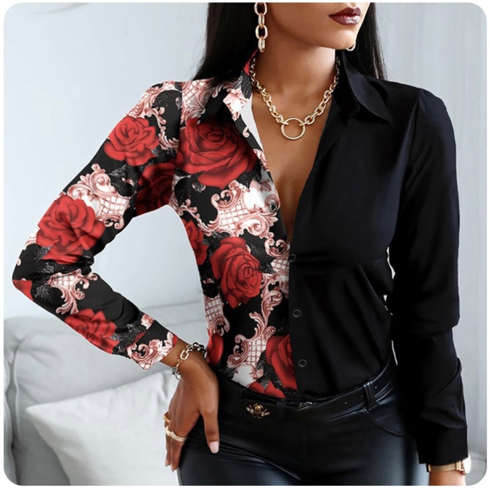 Women Retro Print Button V neck shirt, long sleeve, work office blouse ❤️‍🔥